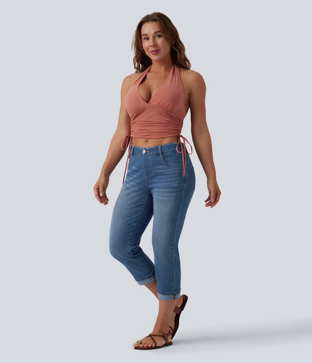 Halara Flex™ Jean casual raccourci taille basse à ourlet retroussé, avec poches