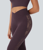 Softlyzero™ Legging Yoga 7/8 Taille Haute avec Poche au Dos Découpe Croisée et Dentelle Contrastante