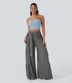 Pantalon danse large fluide taille haute smocké nœuds devant et dos