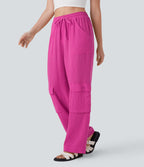 Pantalon cargo large fluide en coton taille haute avec cordon de serrage et poches