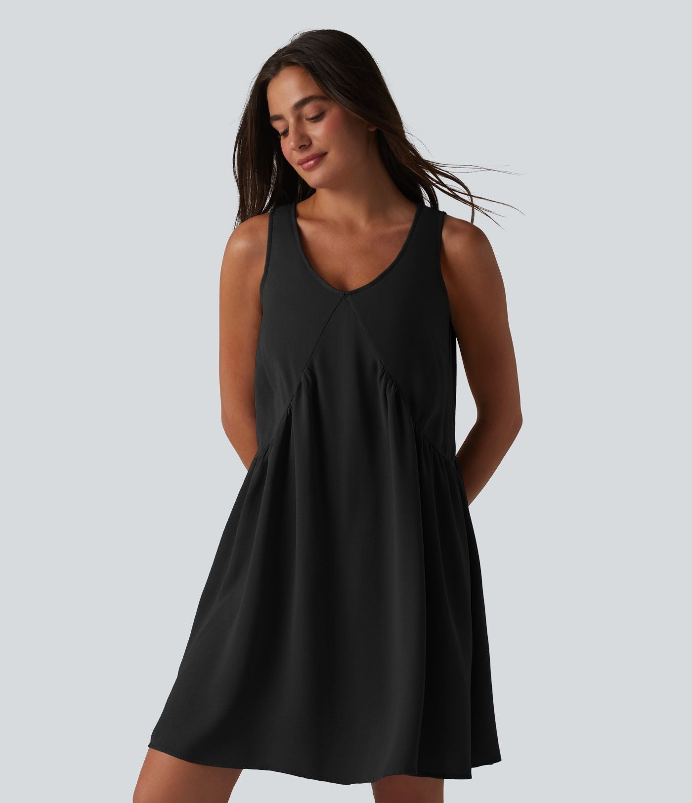 Robe mini sans manches col V avec soutien-gorge intégré, effet lin