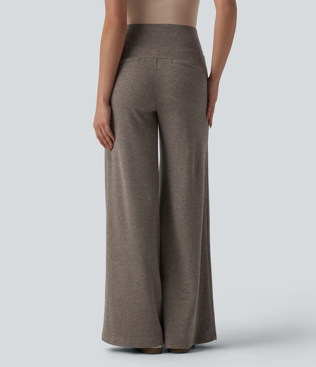 Pantalon casual bootcut gainant taille haute à cordon de serrage en maille côtelée avec poches