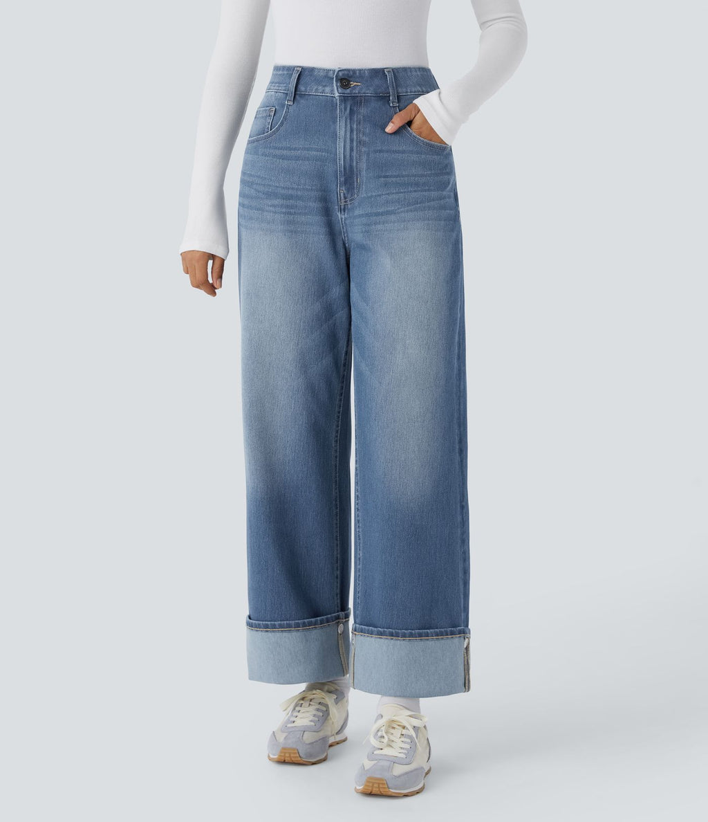 Jean décontracté Halara Flex™ taille haute jambes larges avec poches multiples et ourlet ajustable, en maille extensible effet délavé
