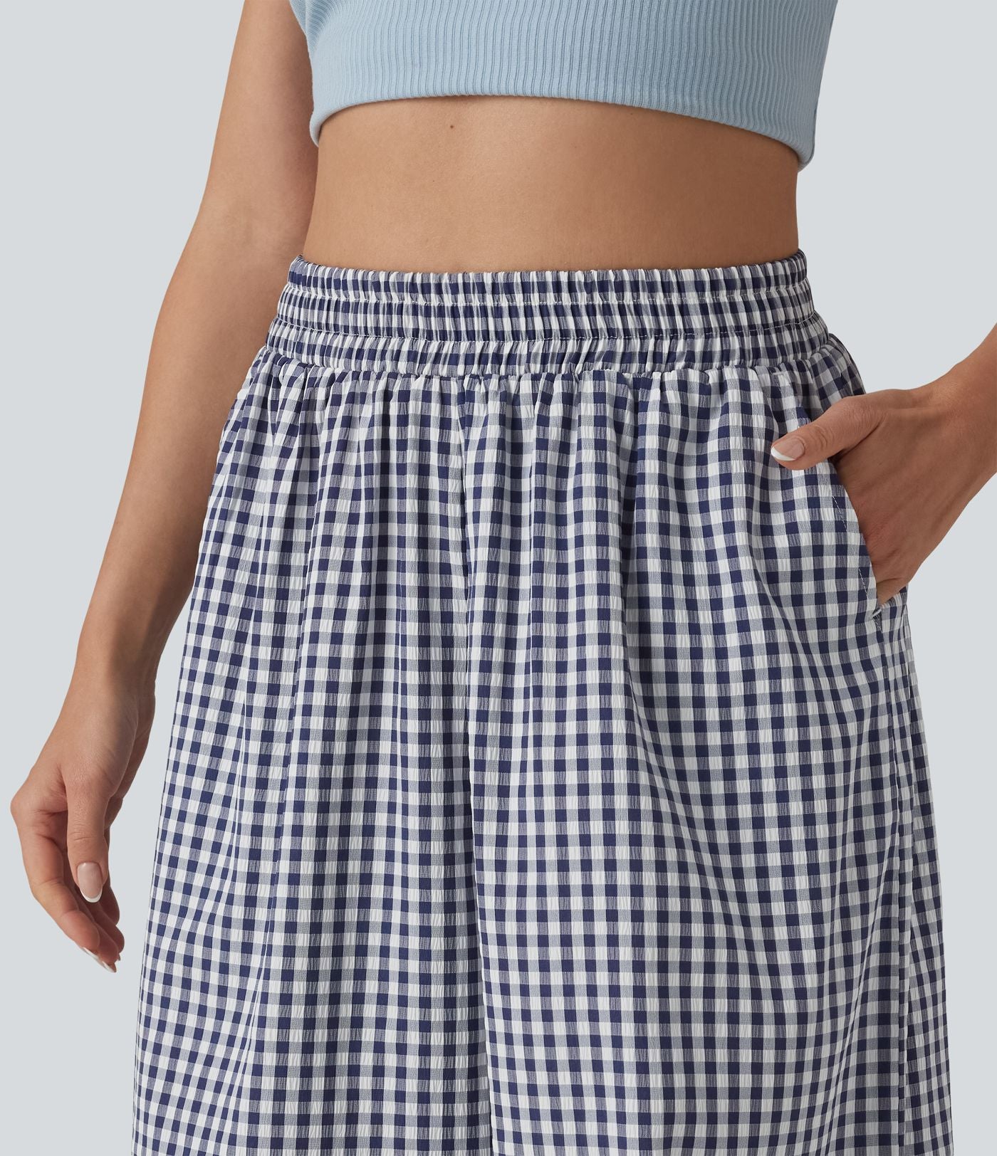 Pantalon casual baggy à carreaux taille haute avec poches