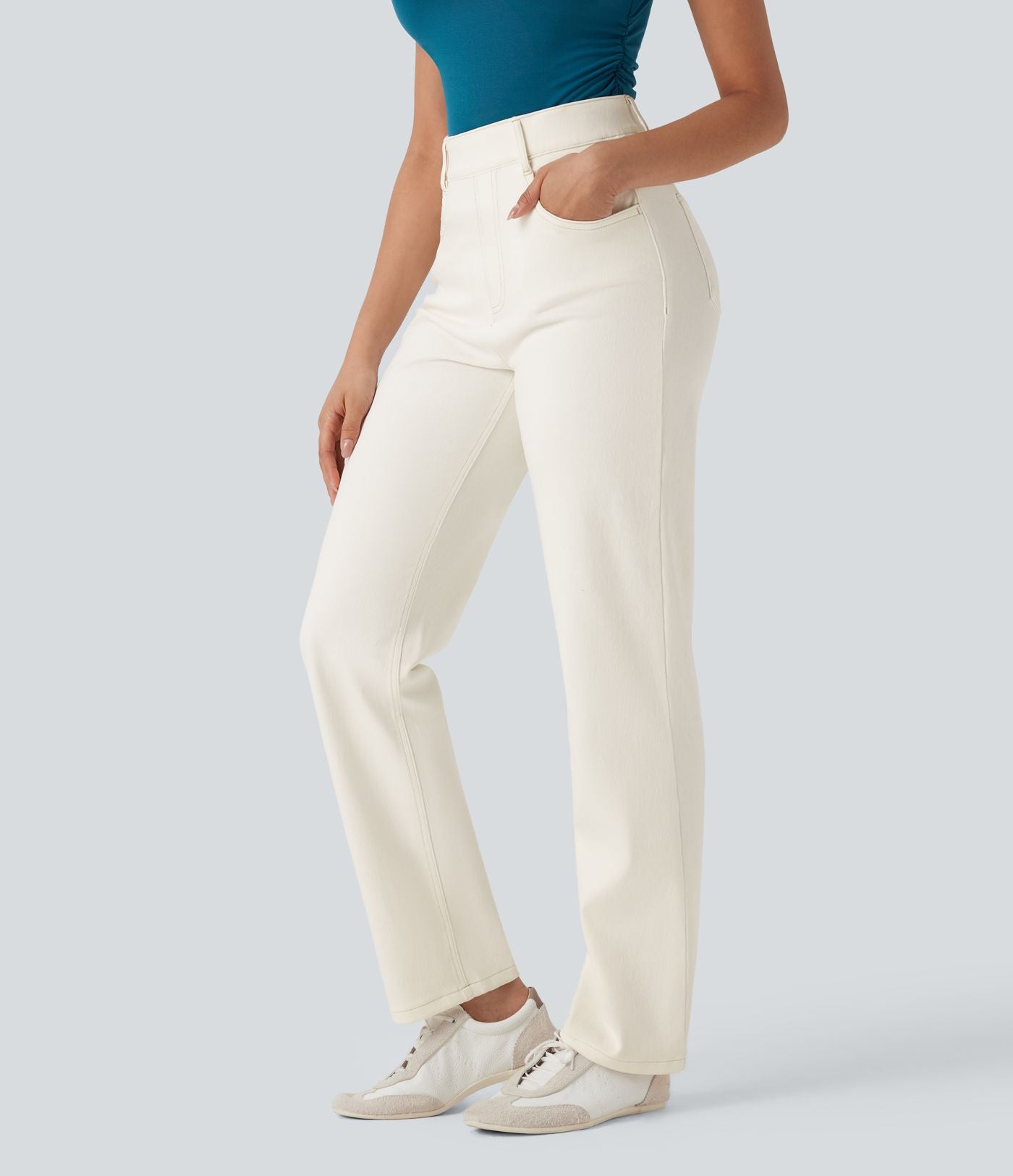 Halara Flex™ Jean casual délavé jambe droite taille haute gainant avec poches
