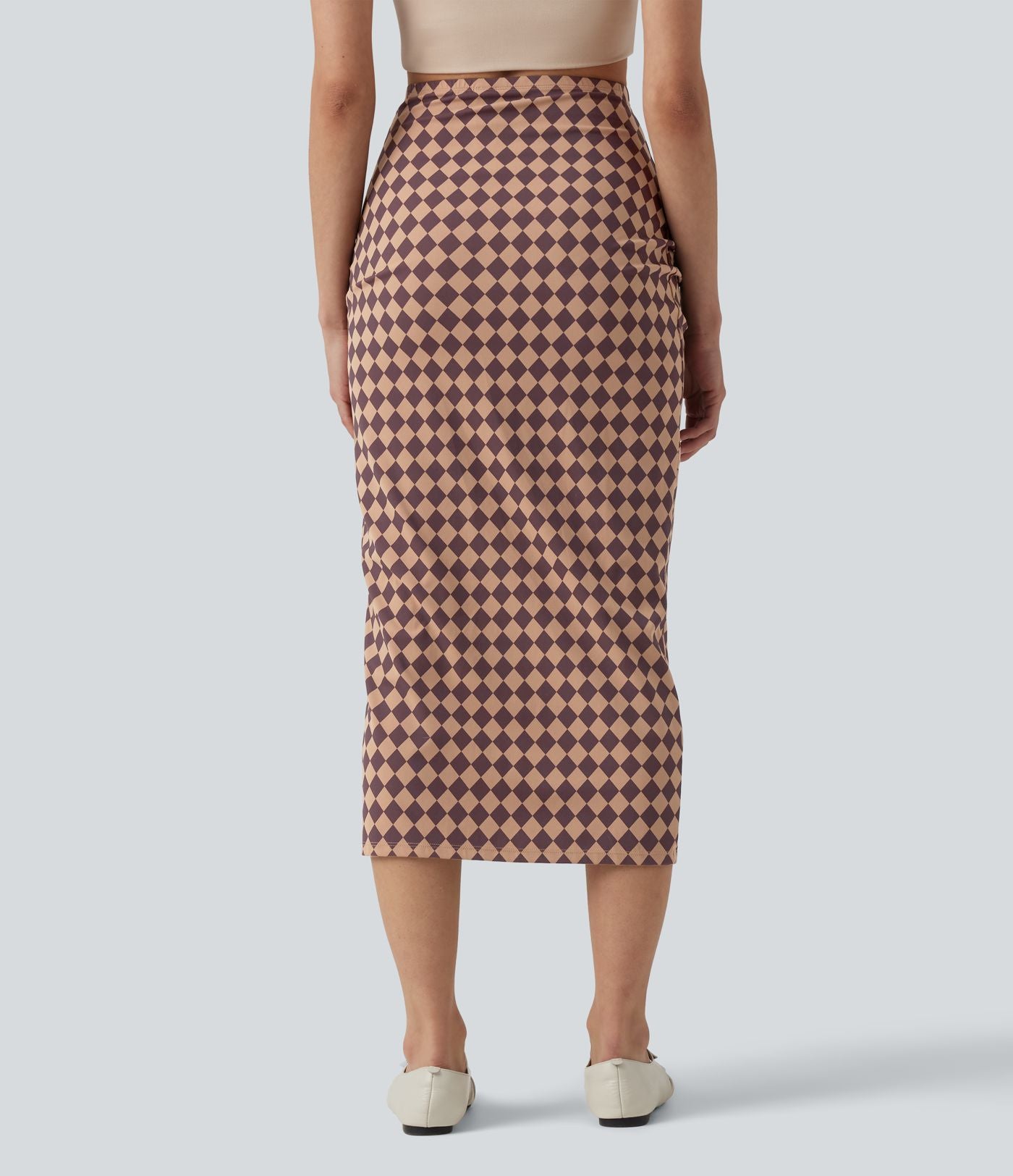 Jupe mi-longue moulante casual Halara UltraSculpt™ imprimé à carreaux taille haute avec cordon de serrage