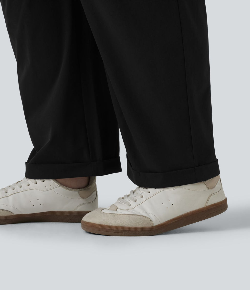Pantalon grande taille en popeline stretch taille haute, plissé avec ourlet roulotté, longueur 7/8, coupe fuselée, avec poches