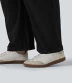Pantalon grande taille en popeline stretch taille haute, plissé avec ourlet roulotté, longueur 7/8, coupe fuselée, avec poches