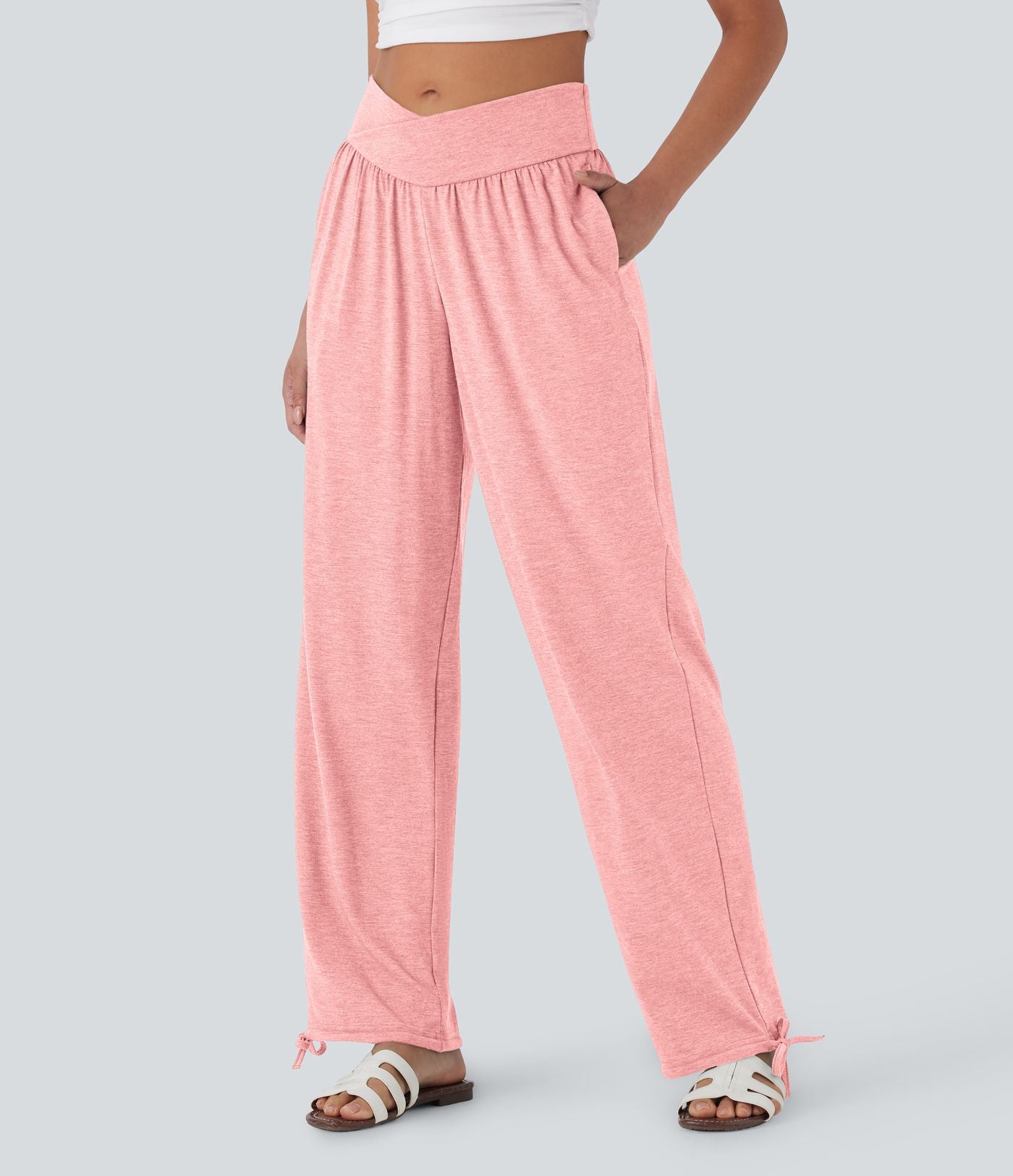 Pantalon de jogging décontracté à taille haute croisée avec poches latérales et cordon de serrage