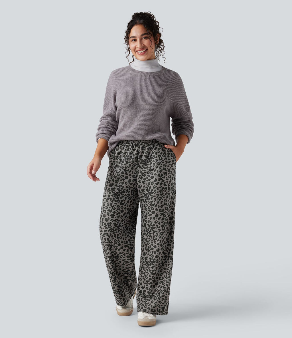 Pantalon léopard ample décontracté velours côtelé imprimé taille haute avec poches