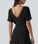 Robe midi col V manches courtes aspect lin avec poches