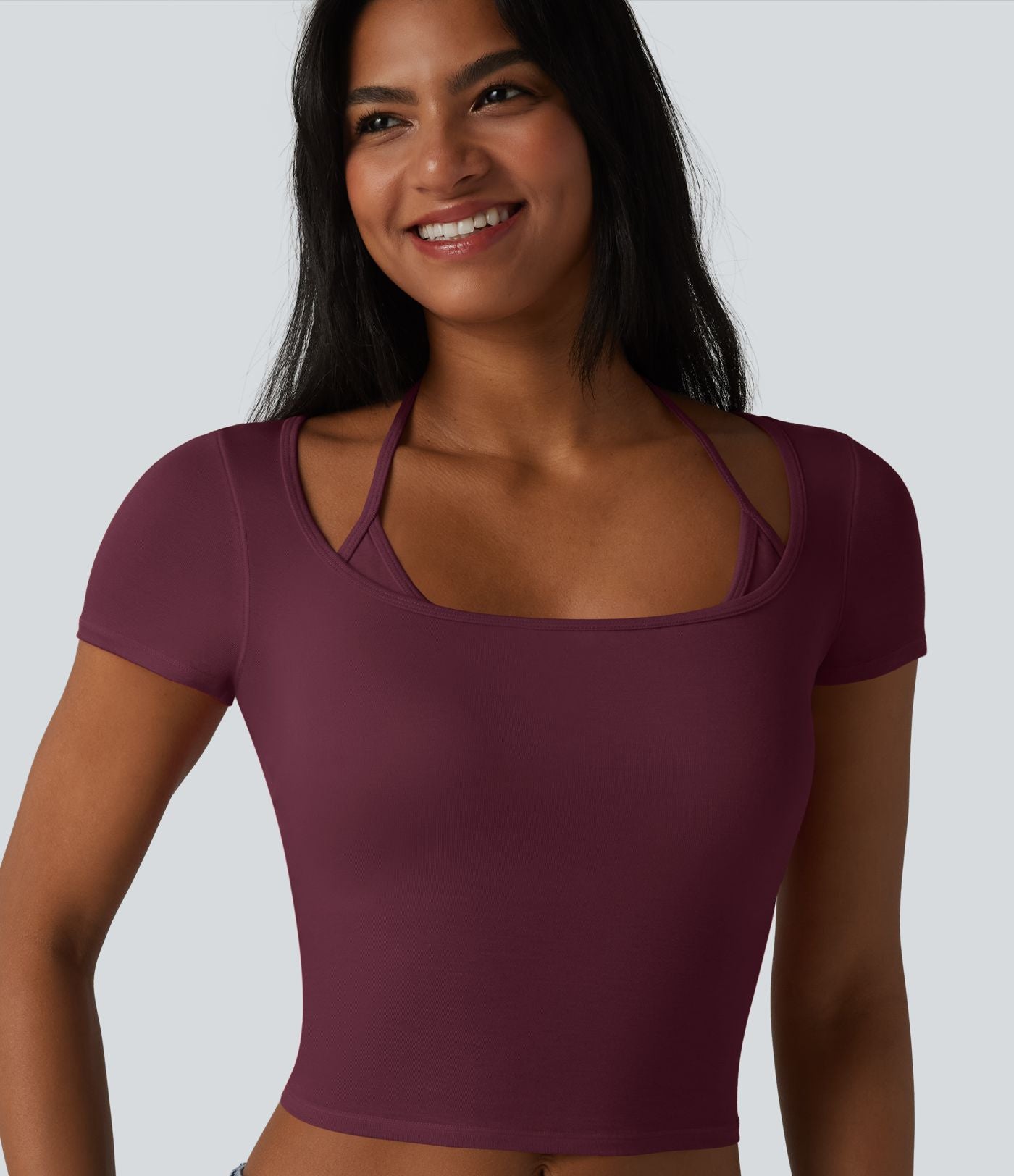 T-shirt crop décontracté côtelé dos nu à nouer avec soutien-gorge intégré manches courtes