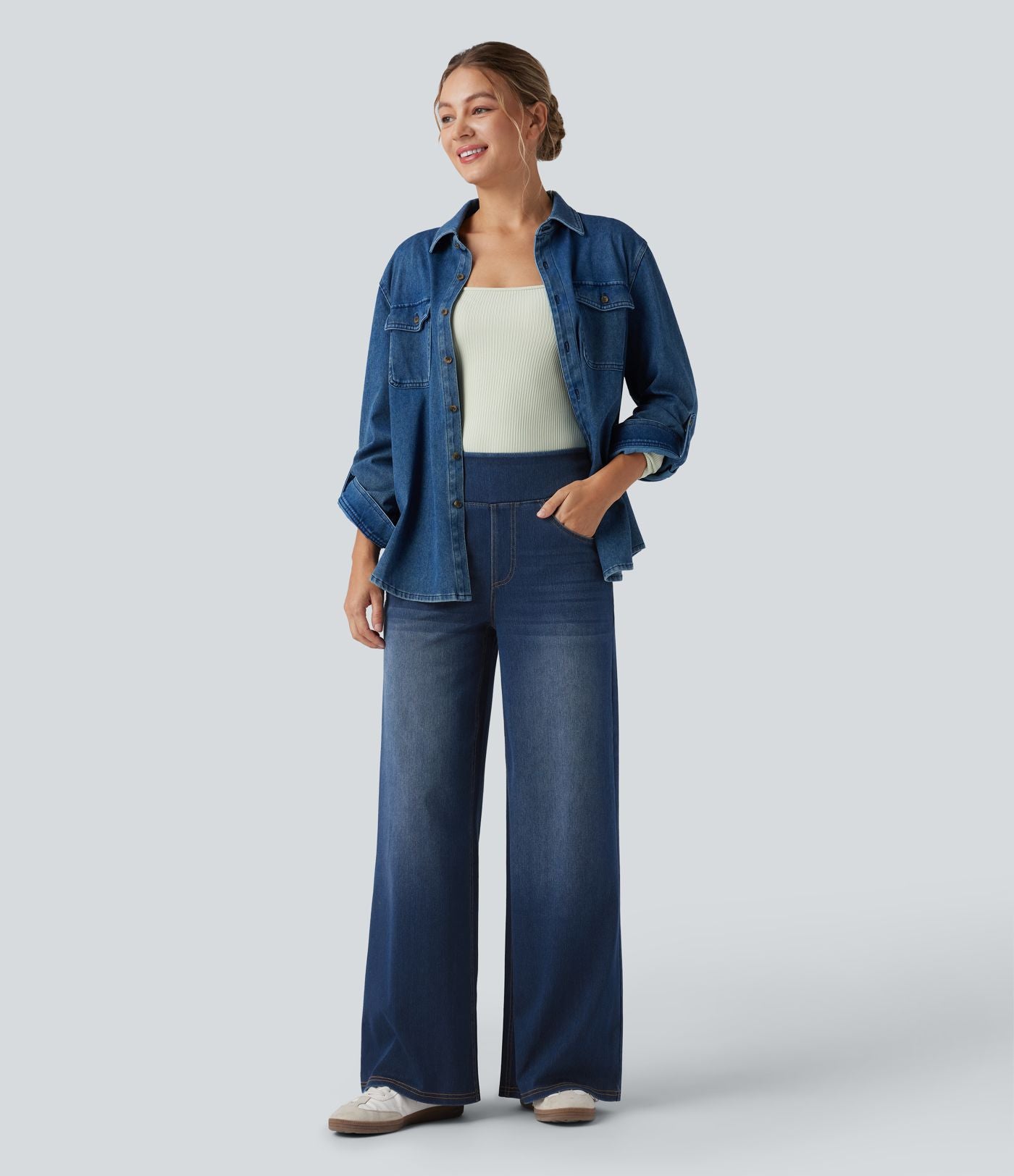 Jean décontracté Halara Flex™ large taille haute effet délavé avec poches