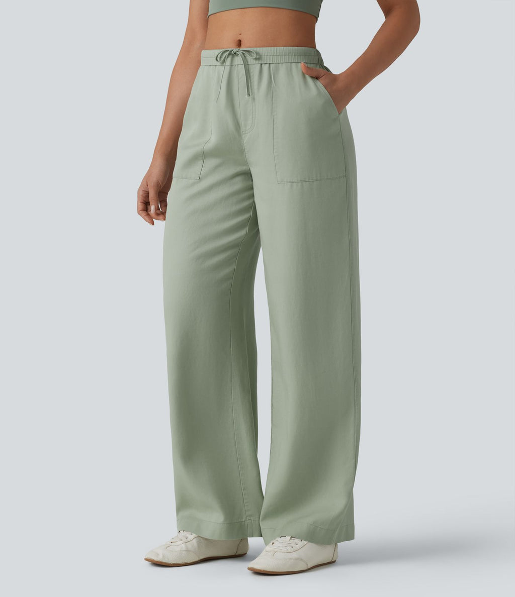 Pantalon large fluide décontracté taille haute en lyocell et lin mélangé avec cordon de serrage intérieur et poches