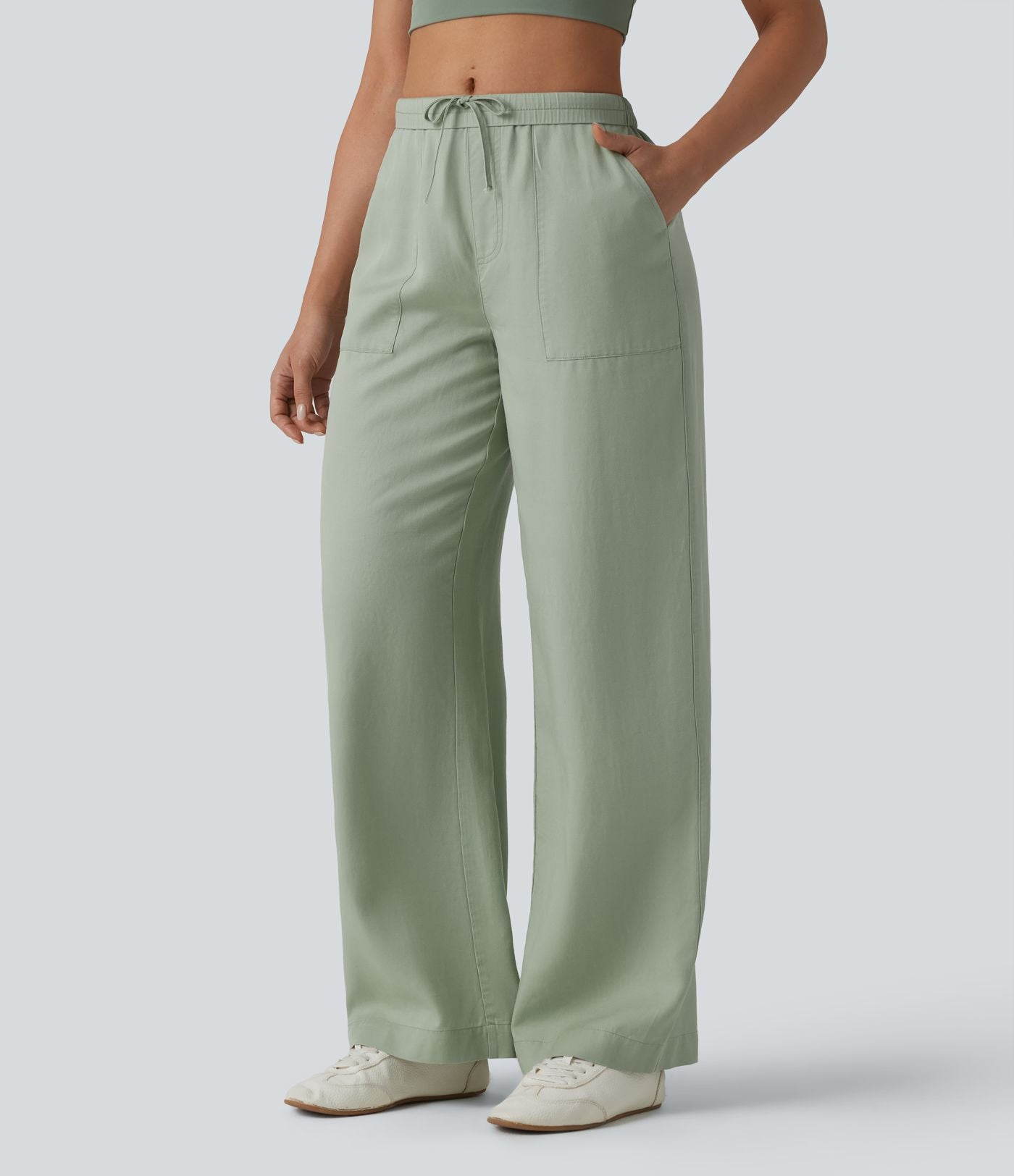 Pantalon large fluide décontracté taille haute en lyocell et lin mélangé avec cordon de serrage intérieur et poches