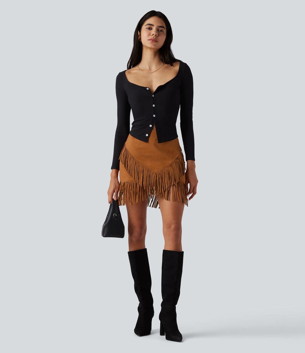 Jupe mini moulante décontractée 2-en-1 effet daim taille haute à franges