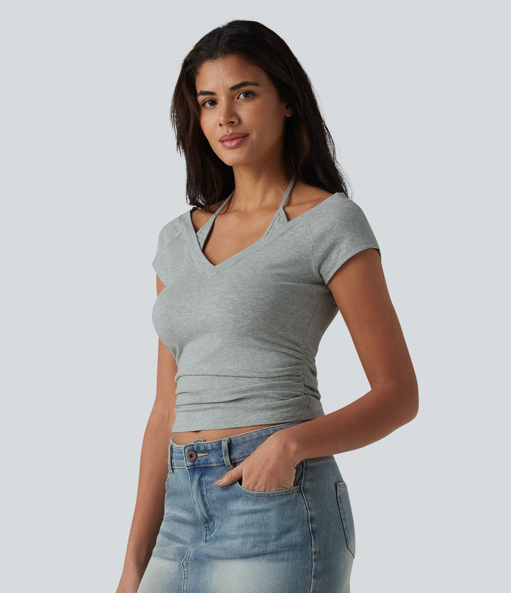 Halara T-shirt casual 2 en 1 en jersey de coton manches courtes dos noué froncé