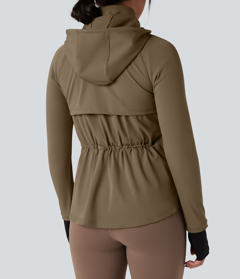 Veste randonnée capuche amovible double zip cordon de serrage avec trous pouces et poches