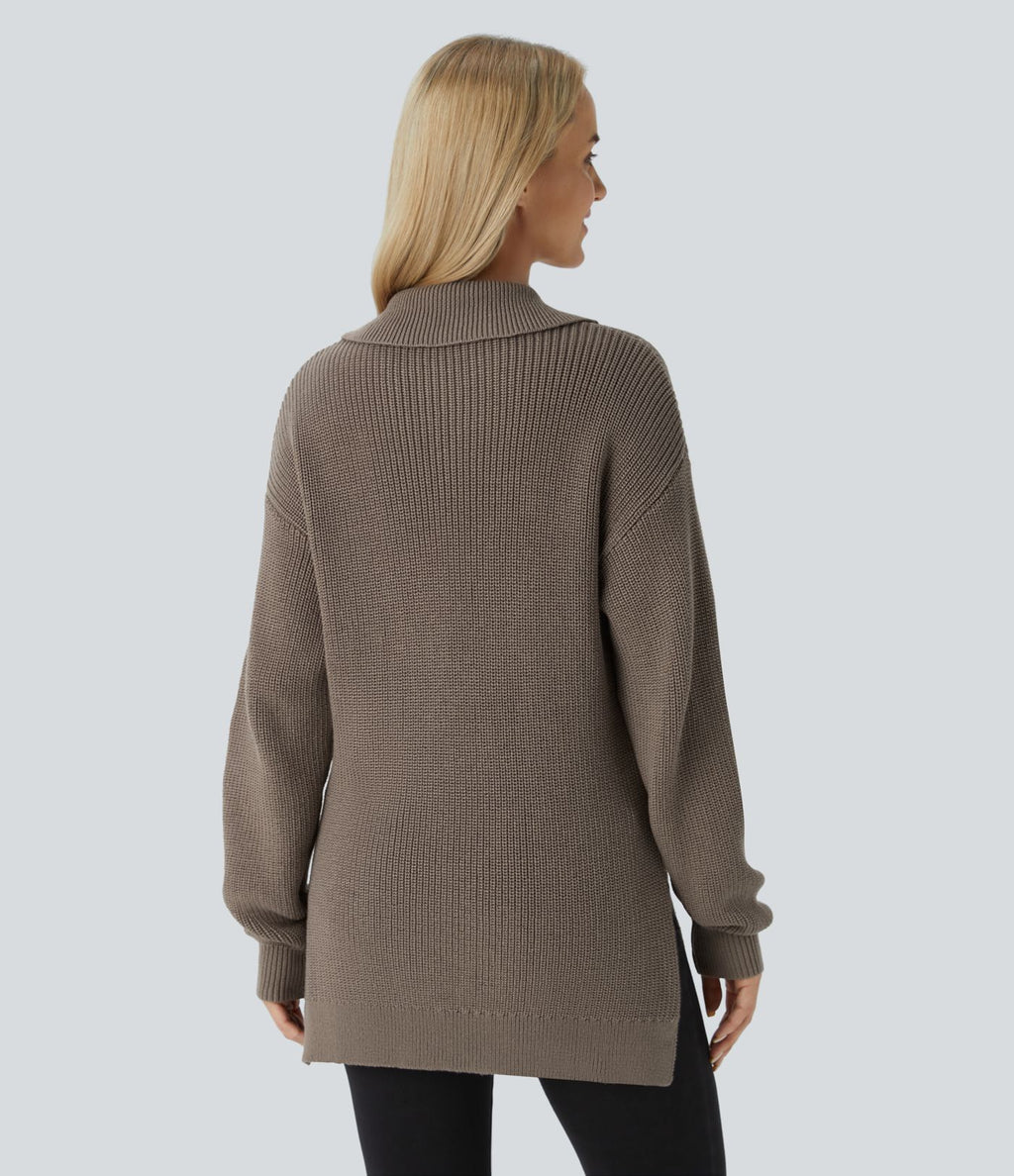 Pull décontracté à col montant, demi-fermeture éclair, manches longues et fente