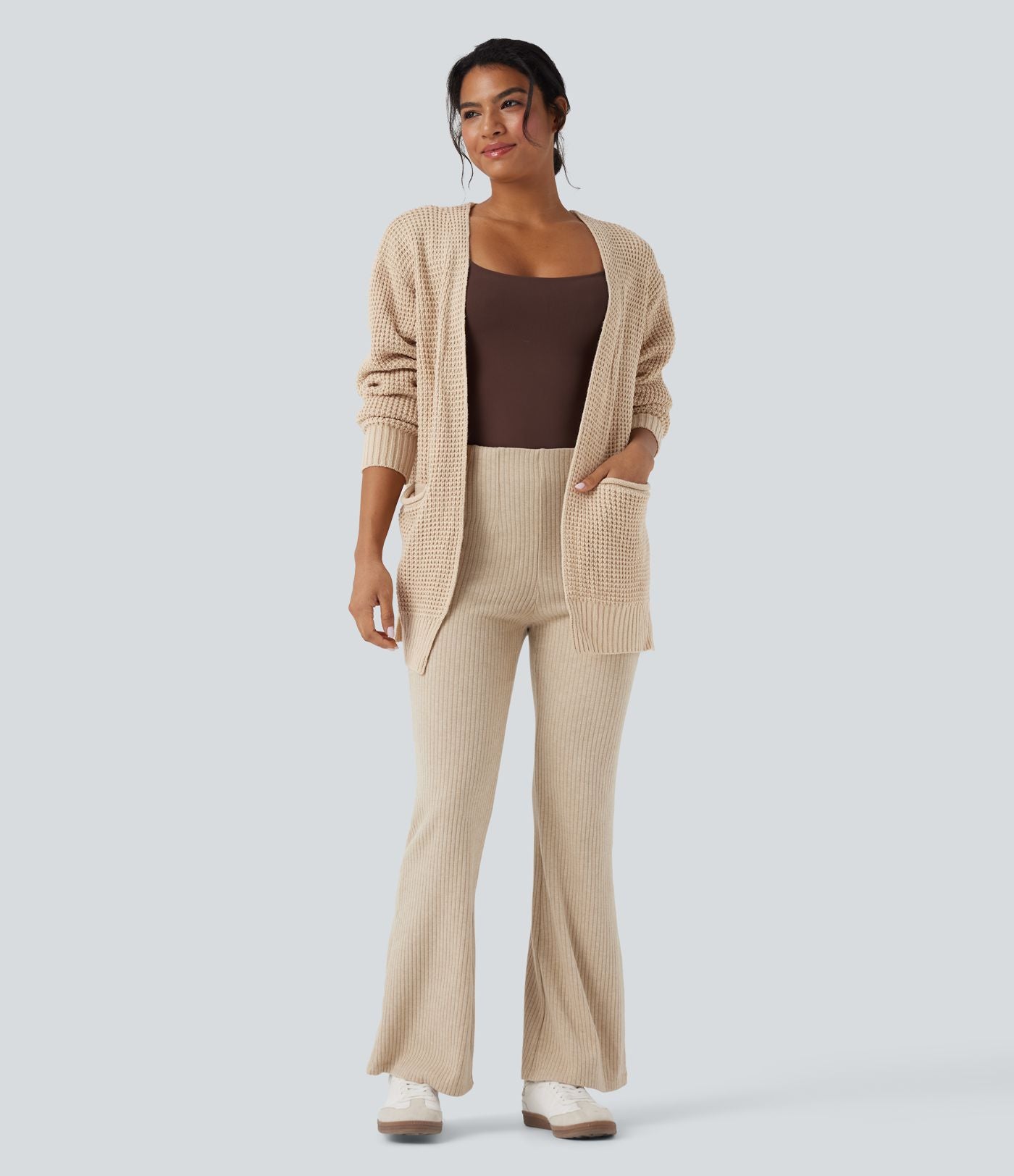 Cardigan décontracté gaufré manches longues avec poches