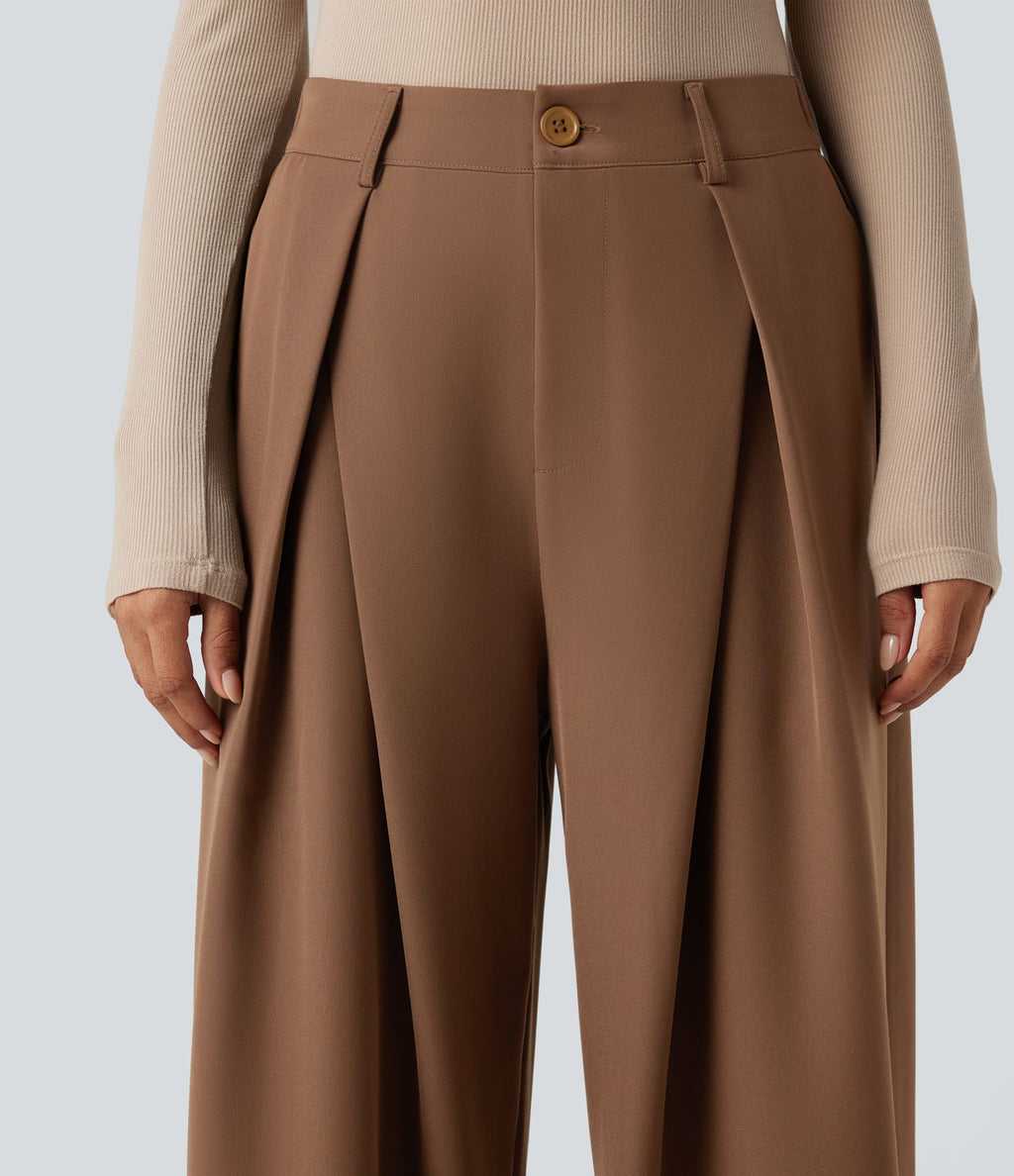 Pantalon tailleur large, taille haute, à poches