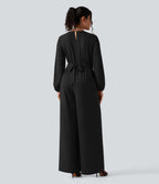 Combinaison pantalon de soirée large à décolleté en V, manches longues bouffantes, ceinture et poches