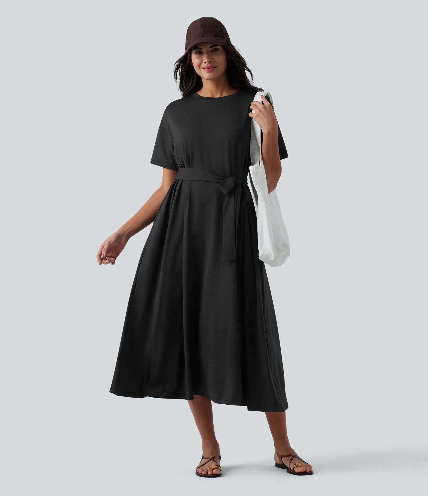 Robe T-shirt casual midi fluide col rond manches courtes avec ceinture et poches