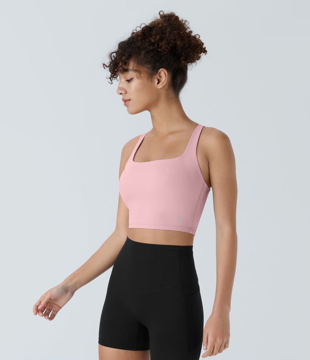 Débardeur yoga court SoftlyZero™ Airy col carré dos nu bretelles croisées effet frais InstantCool, bonnets A-C, protection solaire UPF50+