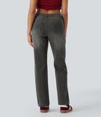 Jean décontracté Halara Flex™ taille basse à jambes droites avec bouton, fermeture éclair, multiples poches, effet délavé en maille extensible
