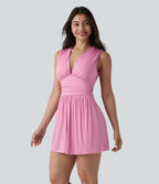 Combishort casual côtelé sans manches col V, fronces et soutien-gorge intégré, avec poches – Easy Peasy