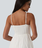 Robe nuisette midi aspect lin avec nœud devant, découpes et poches
