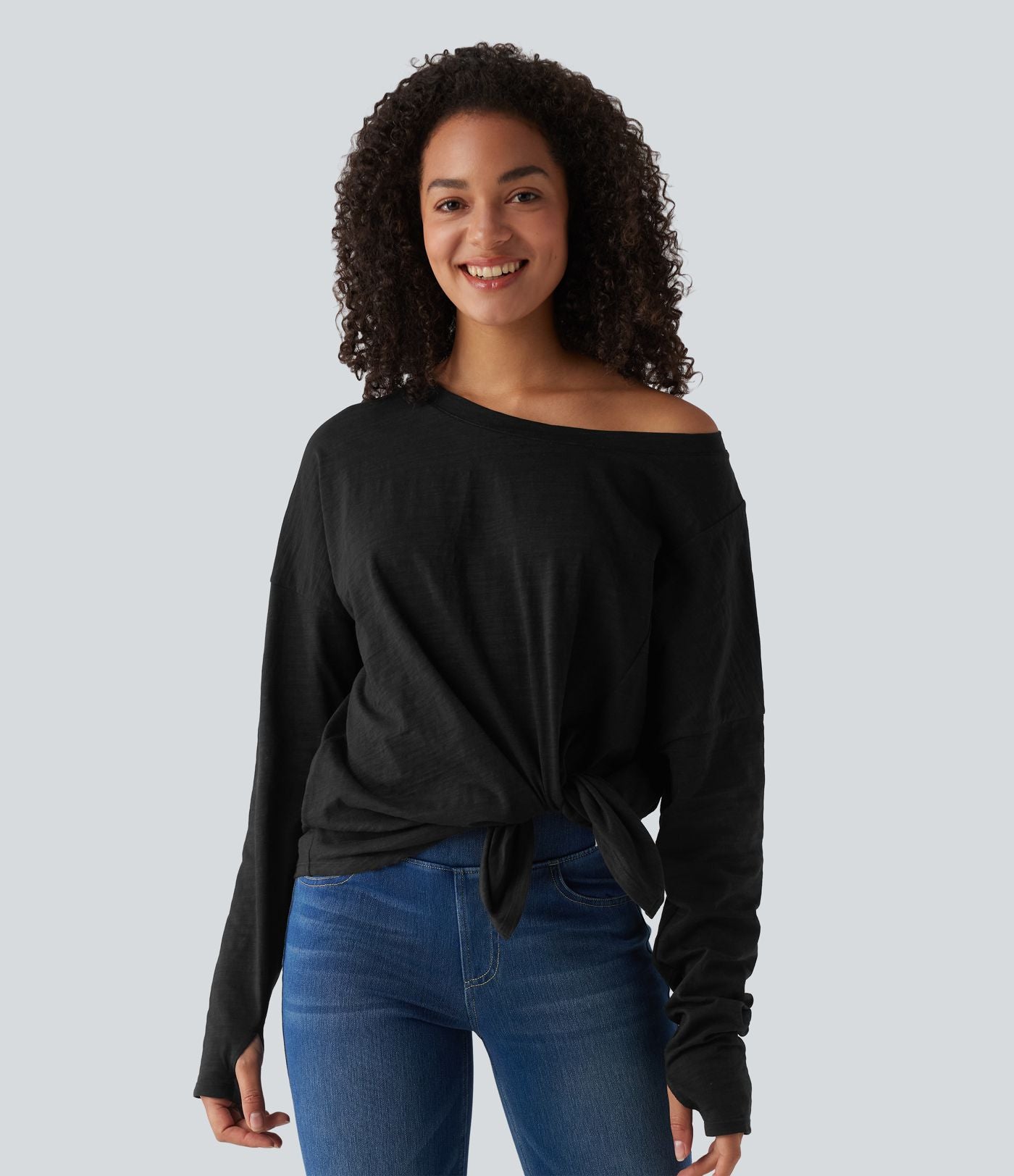 T-shirt casual en coton col bateau manches longues avec trous pour pouces et liens latéraux