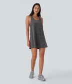 Robe active de yoga mini 2 pièces à encolure en U, dos nu, dos nageur, maille contrastante et poche latérale