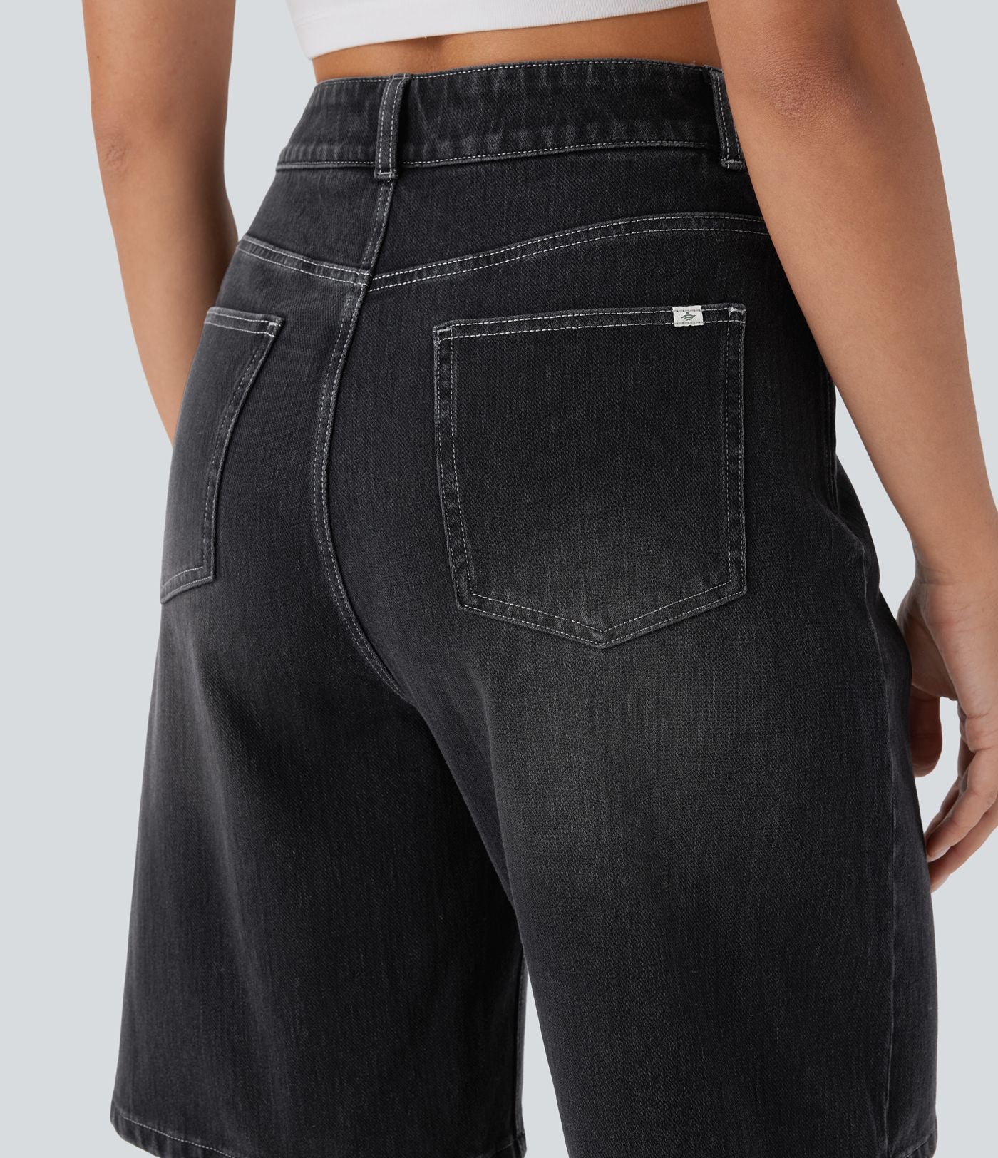 Bermuda en jean délavé Halara Flex™ taille haute à poches multiples