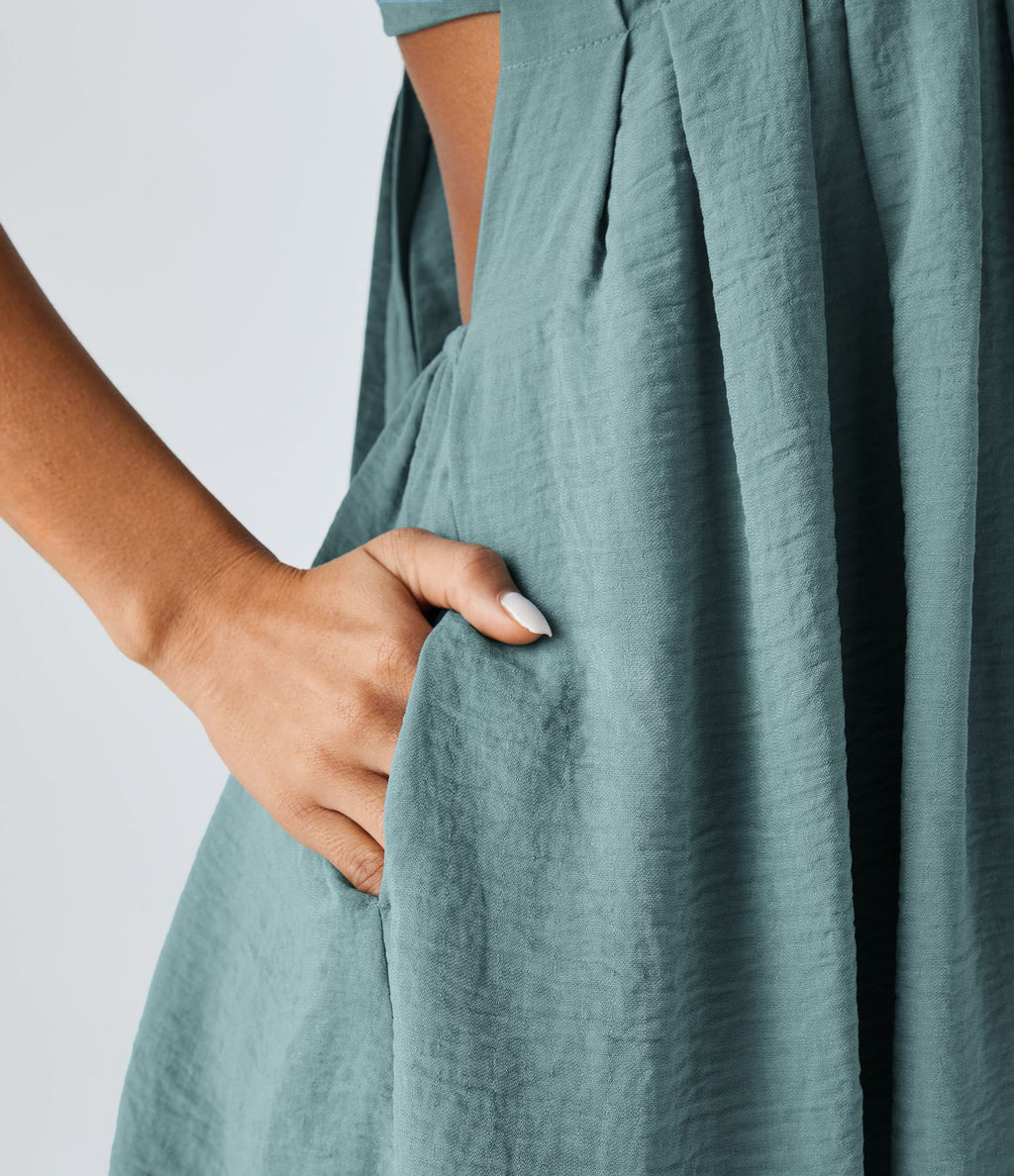 Robe Babydoll Casual Col Carré Dos Nu avec Lacets Manches Bouffantes Poches Latérales et Effet Lin