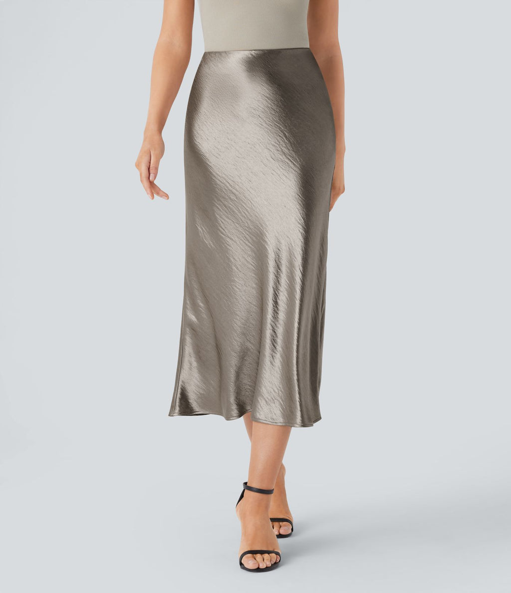 Jupe de midi sirène en satin taille haute avec fermeture éclair invisible