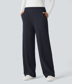 Pantalon chenille gaufré coupe droite taille mi-haute avec poches