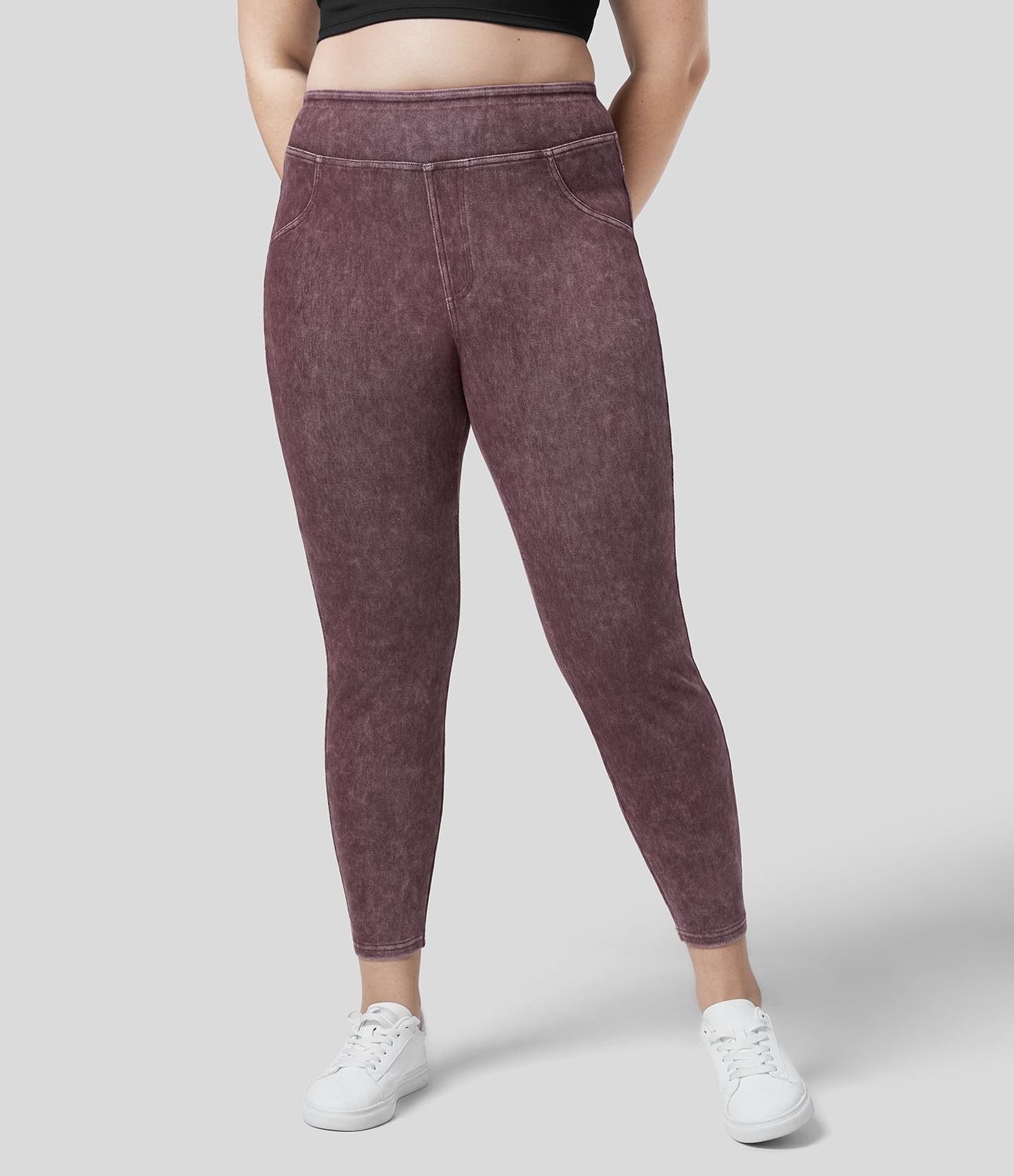 Halara Flex™ Legging Casual 7/8 Grande Taille en Denim Tricot Extensible Coloré à Taille Haute avec Poches Latérales Arrière