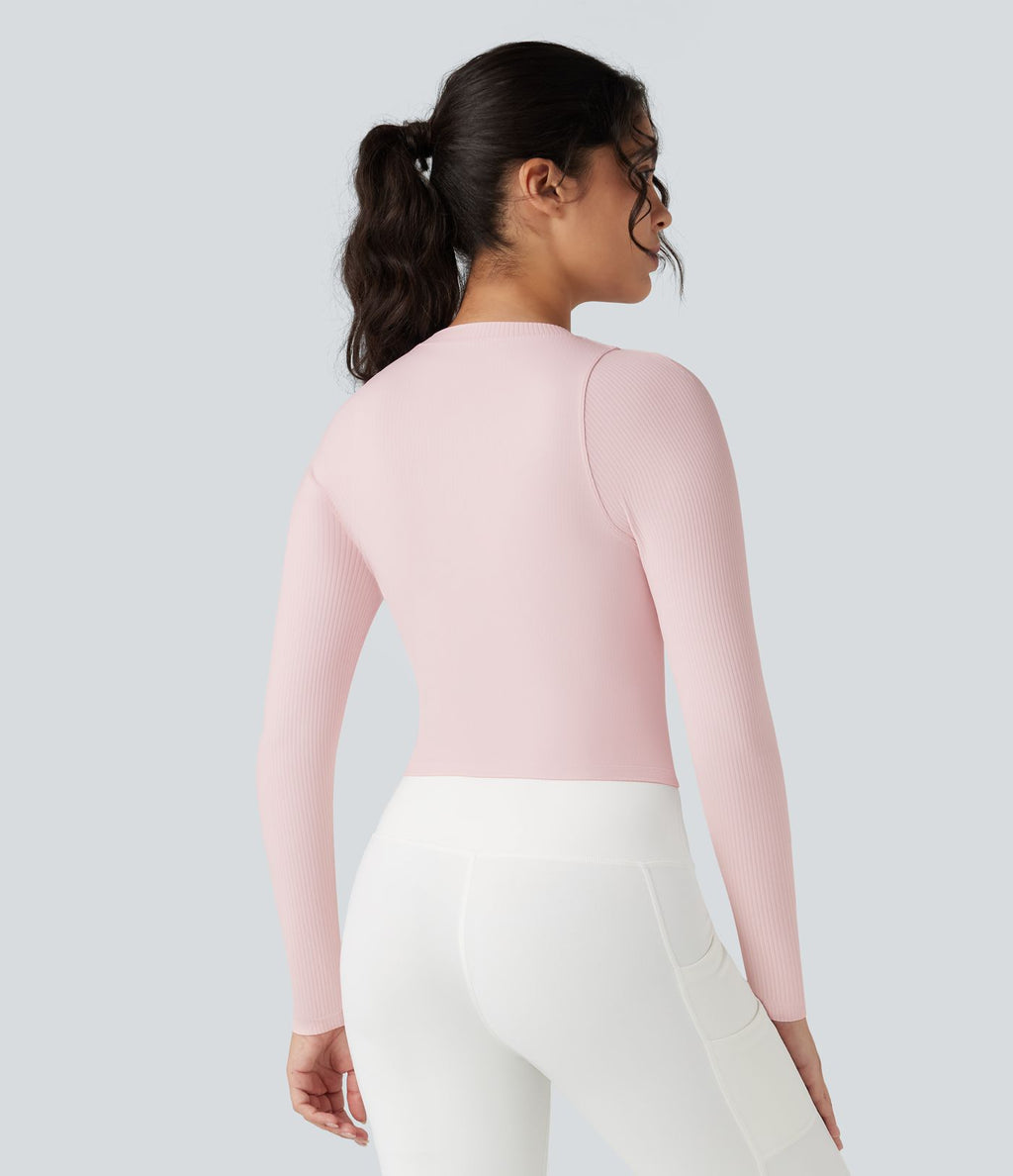 Top de sport yoga ajusté côtelé maille col rond manches longues