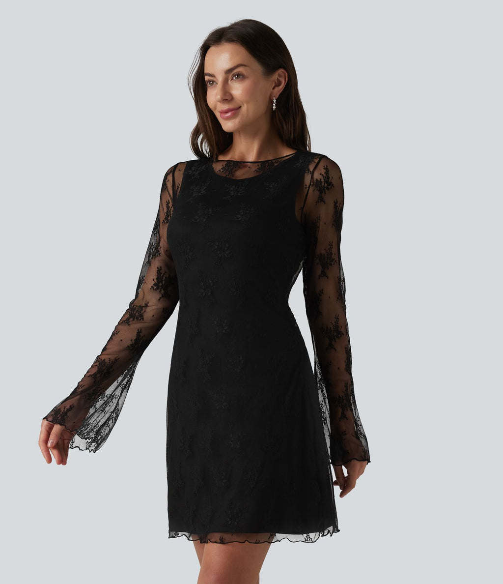 Robe de soirée deux pièces en dentelle col rond manches à volants