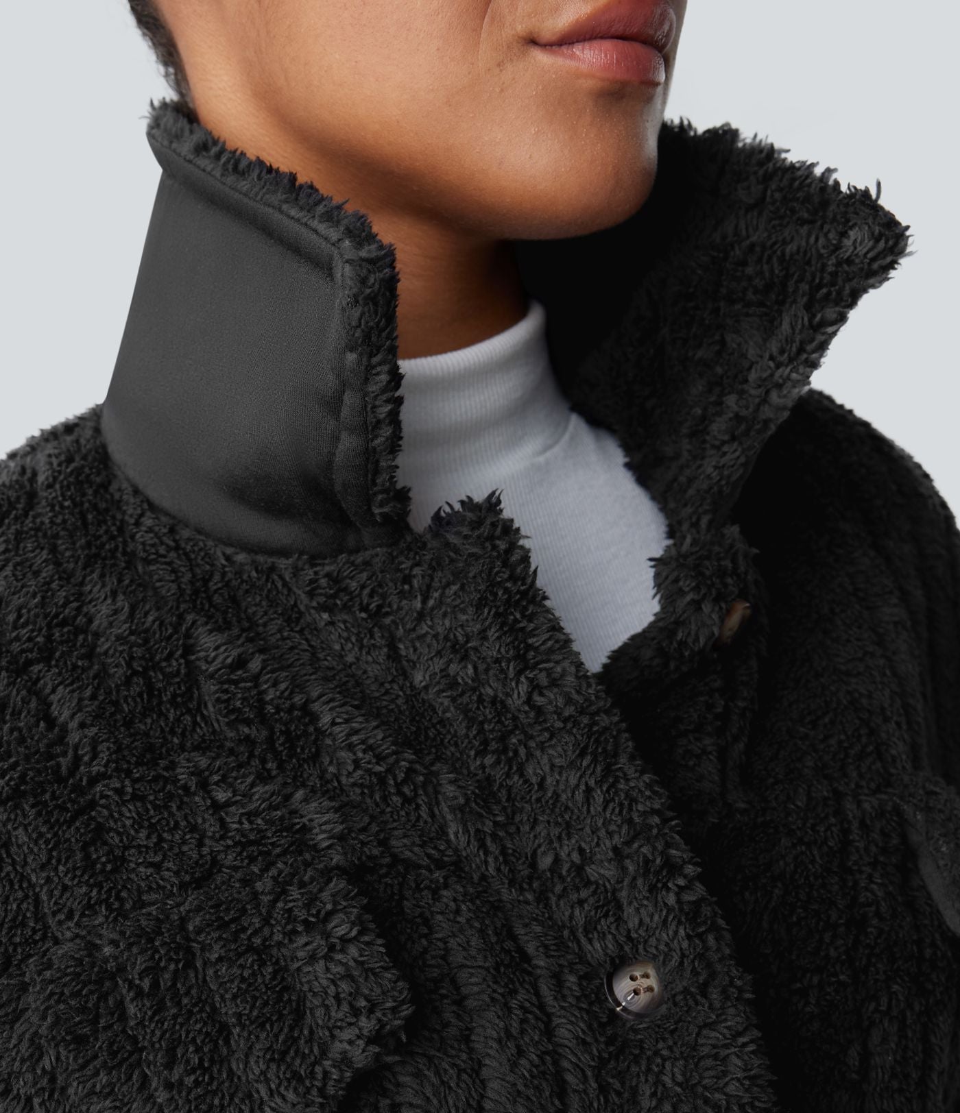 Veste décontractée en sherpa à col, boutons et manches longues