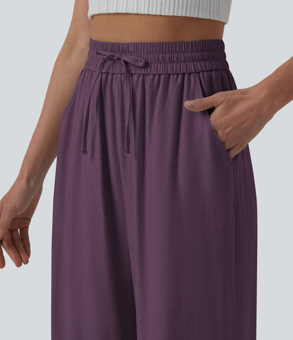 Pantalon casual large fluide mélange lin taille haute avec cordon de serrage et poches