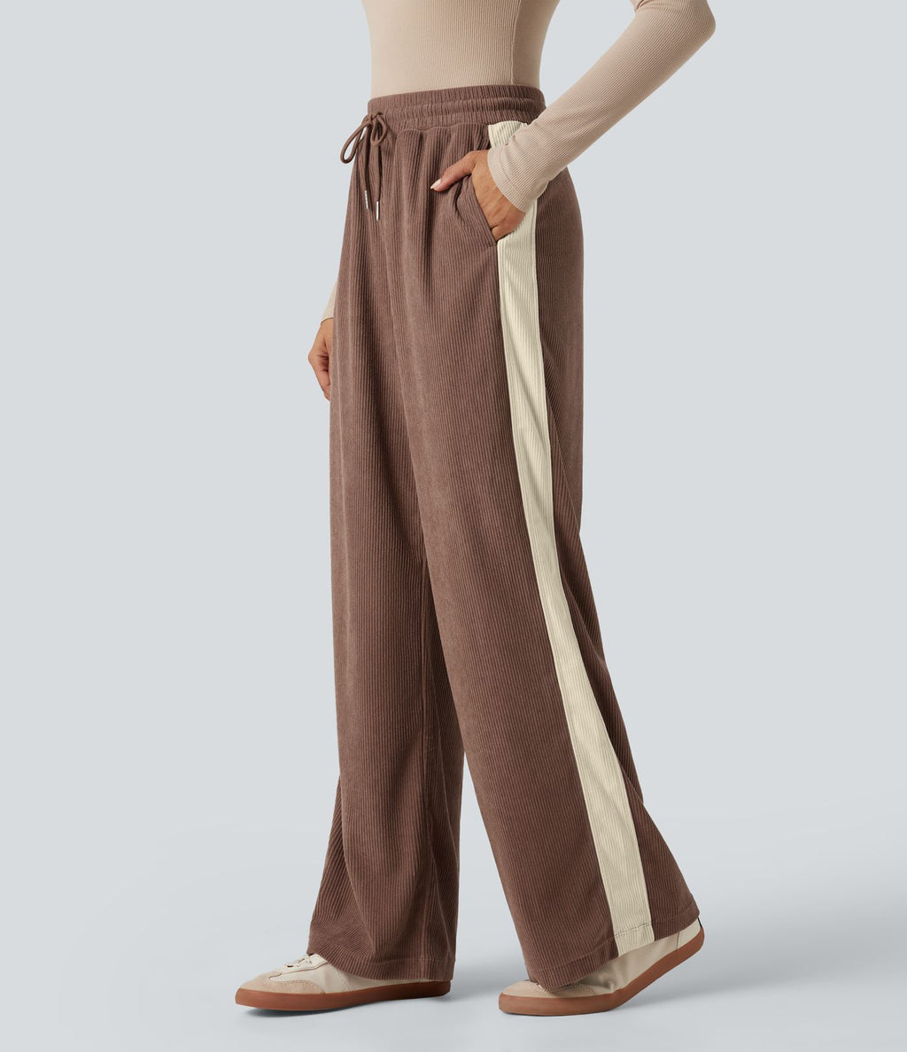 Pantalon jogging décontracté droit colorblock en velours côtelé, taille haute, avec cordon et poches