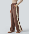 Pantalon jogging décontracté droit colorblock en velours côtelé, taille haute, avec cordon et poches