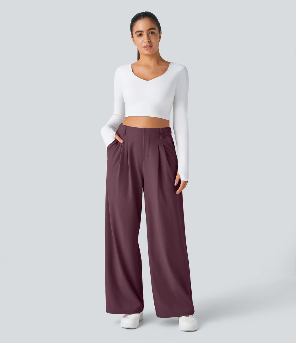 Pantalon Tailleur Large Fluide Halara Flex™ Gaufré Taille Haute Poches Latérales