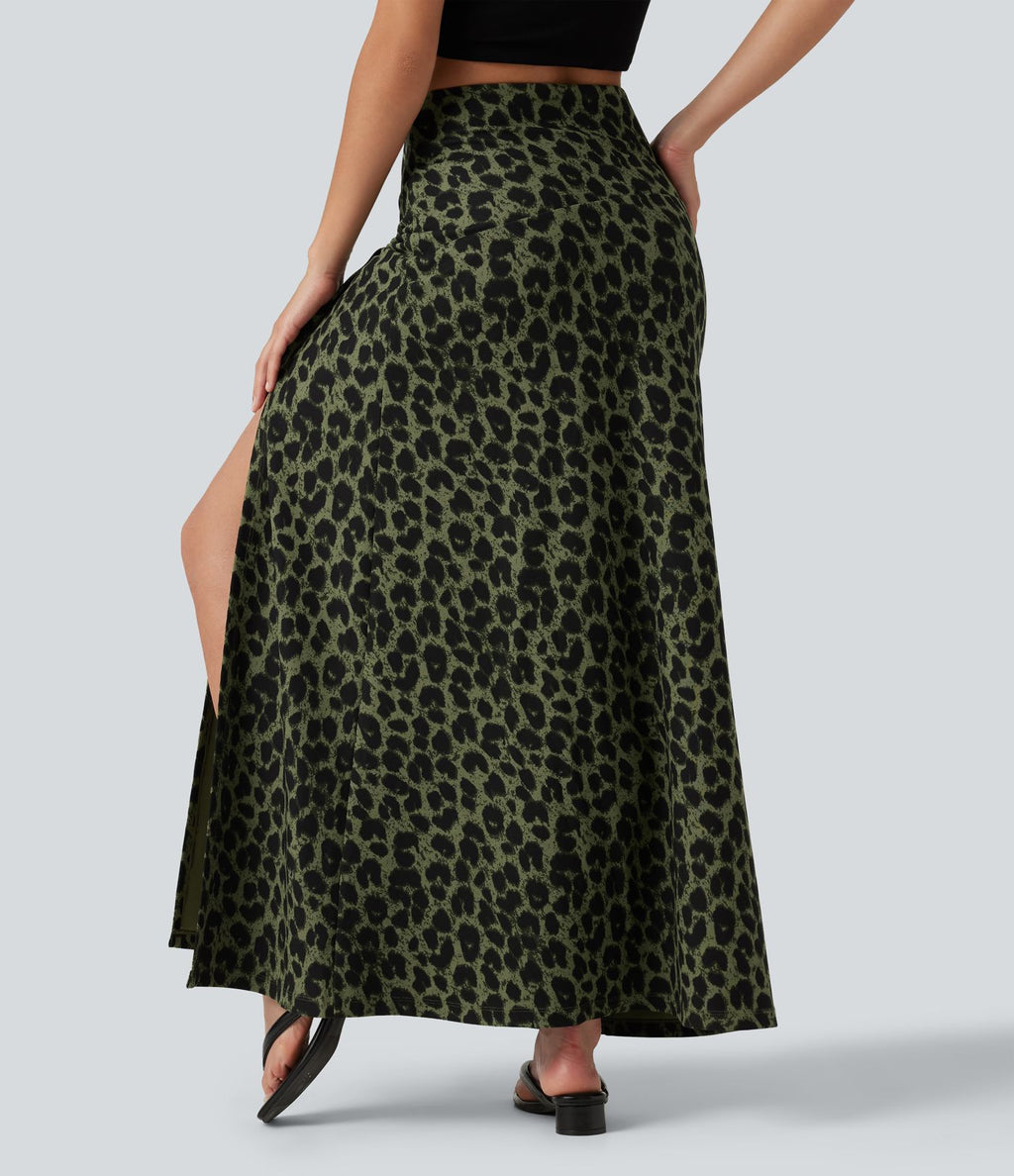Jupe casual maxi gaufrée léopard taille haute gainante à poche