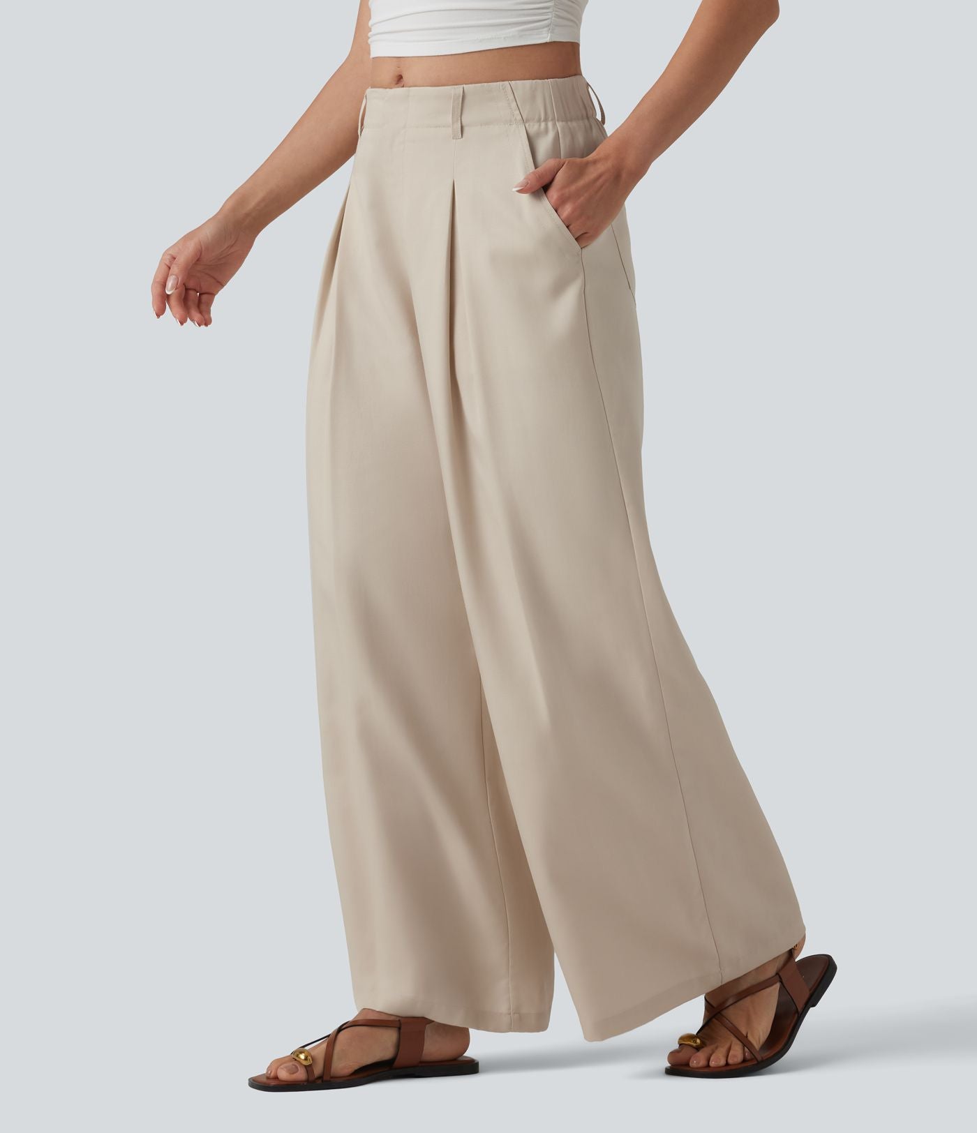 Pantalon ample décontracté en lyocell et lin mélangé, taille mi-haute, plissé, avec poches