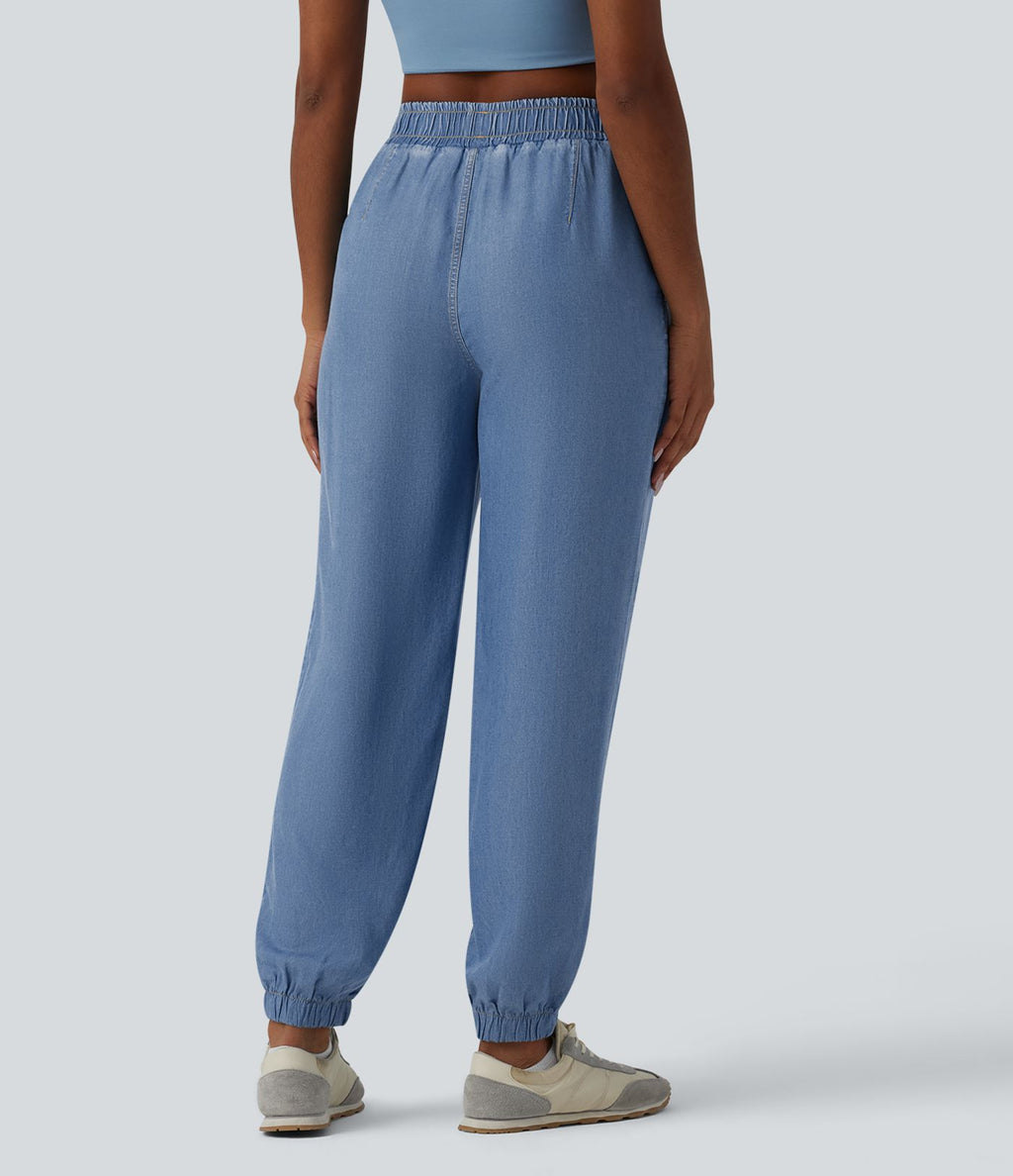 Jogging casual denim en lyocell drapé taille mi-haute avec poches