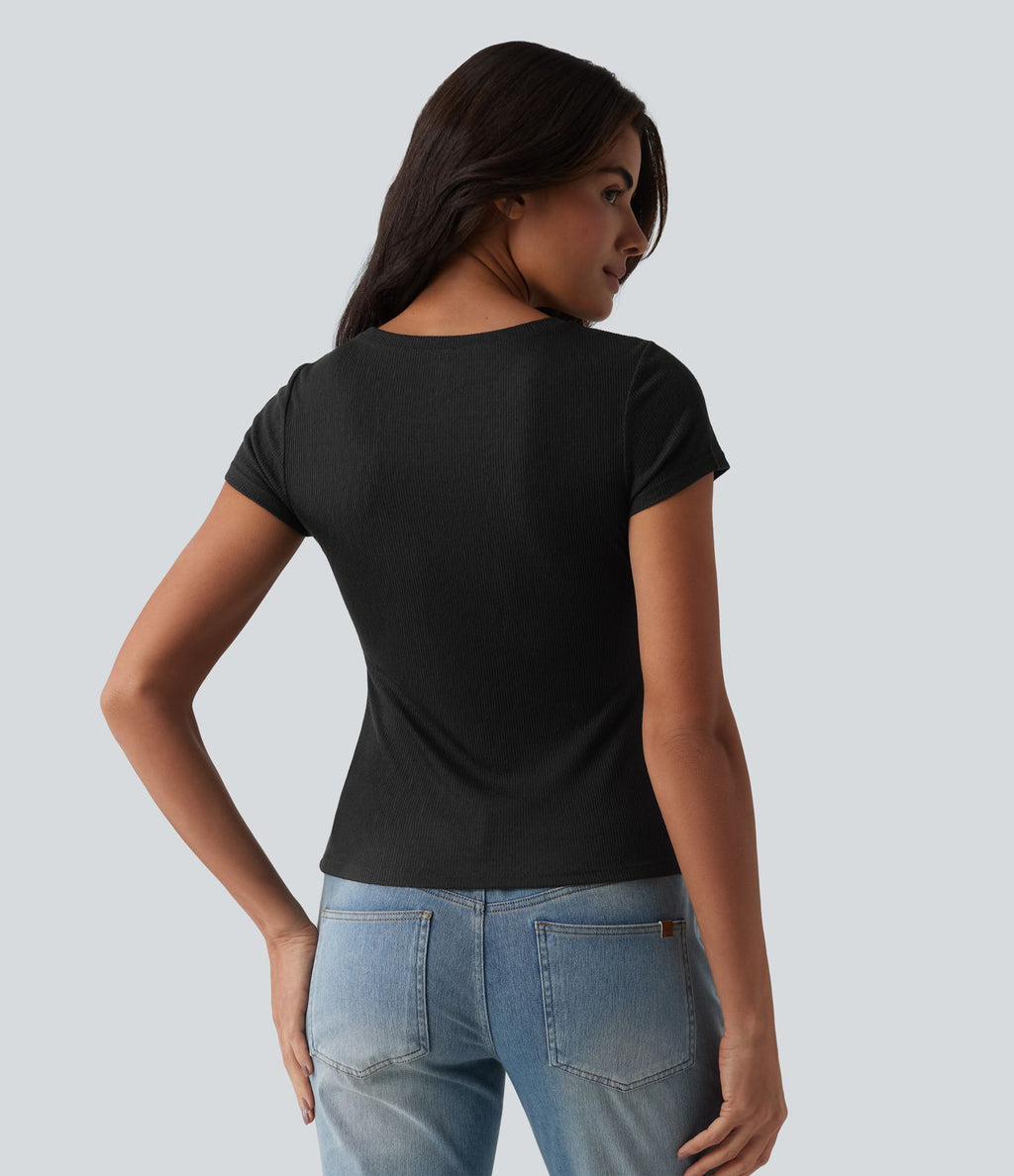 T-shirt casual semi-transparent côtelé maille col rond manches courtes
