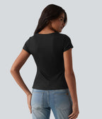 T-shirt casual semi-transparent côtelé maille col rond manches courtes